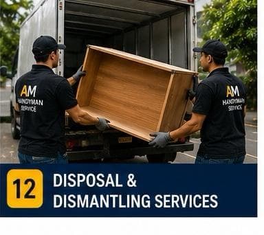 Workers dismantling old furniture for disposal
