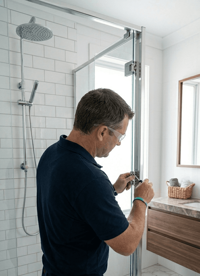 Workman cleaning and repairing a corroded shower screen track