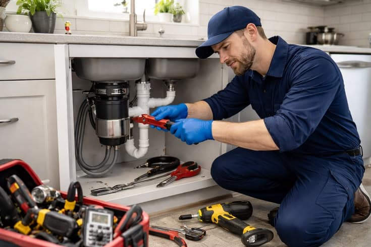 Plumber using a wrench to tighten a pipe under a bathroom sink