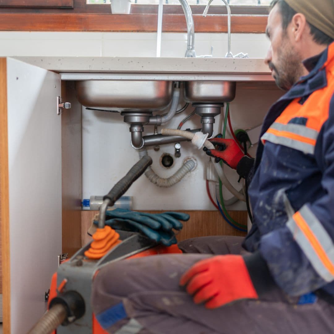 Plumber using an electric drain snake on a kitchen drain