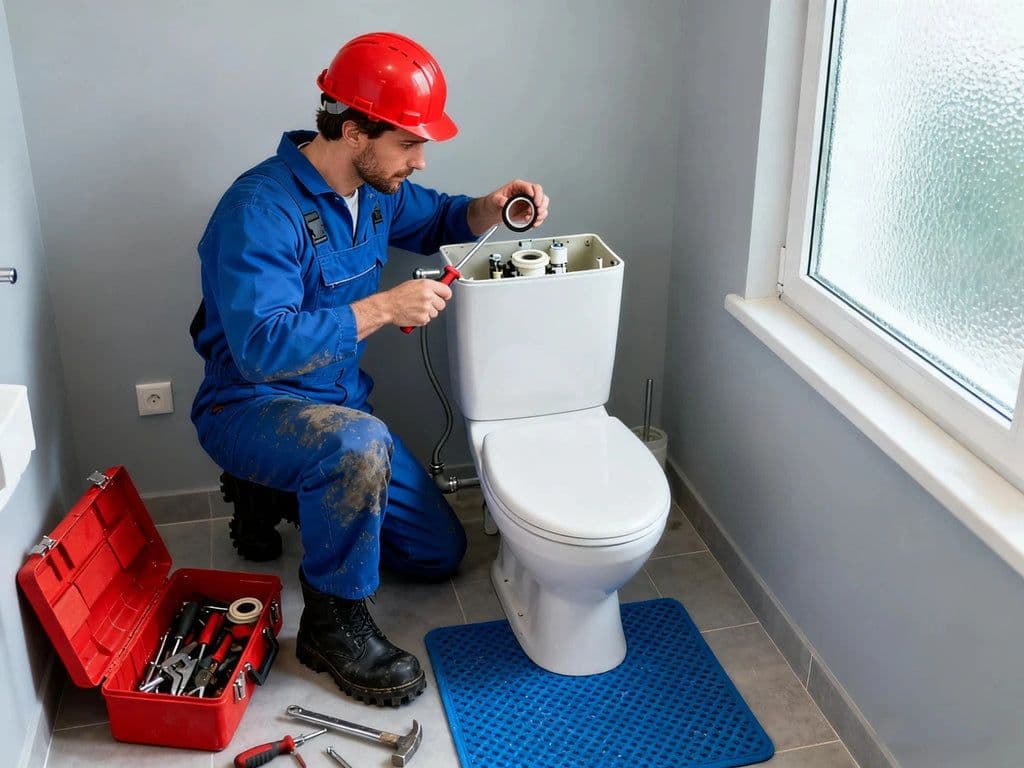 Plumber replacing the flush mechanism inside a toilet cistern