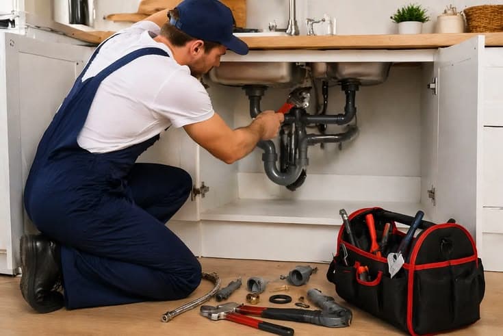 Plumber installing a new kitchen mixer tap