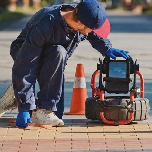 Plumber using a thermal camera to detect a hot water pipe leak