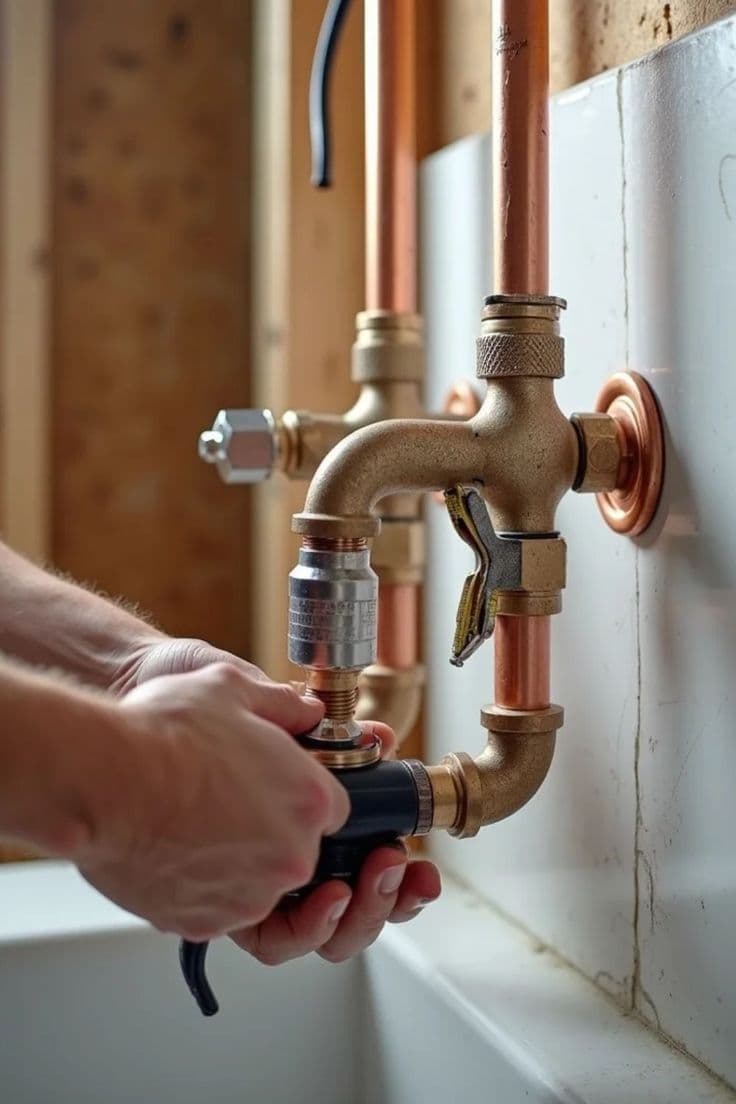 New copper piping being installed during a bathroom renovation