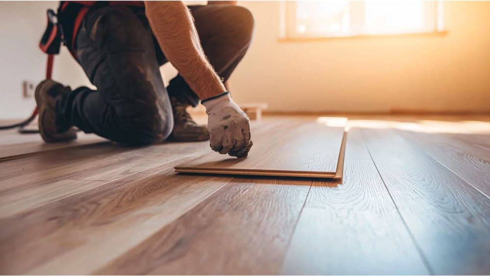 Worker installing vinyl flooring planks in a living room