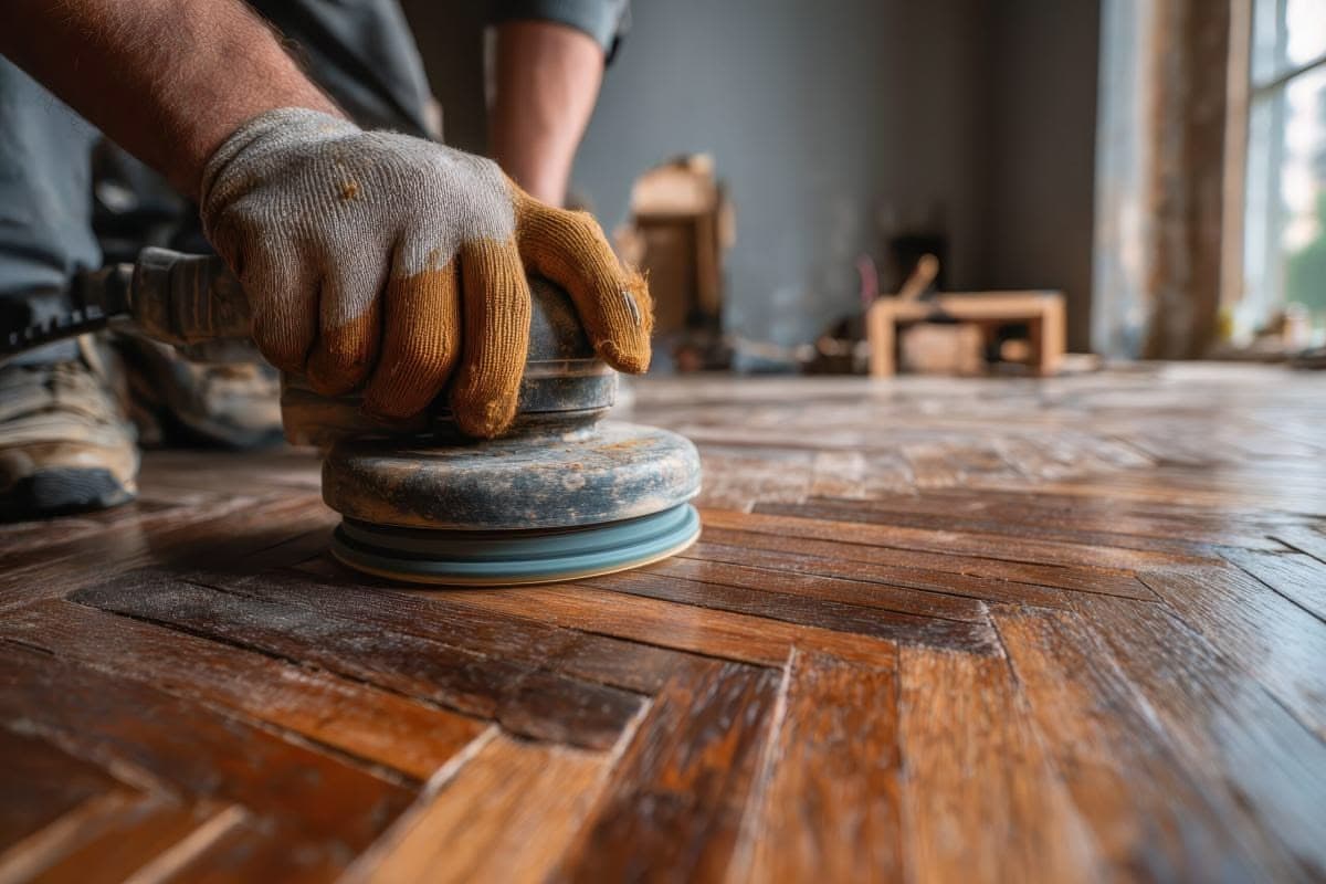Sanding a parquet floor before polishing