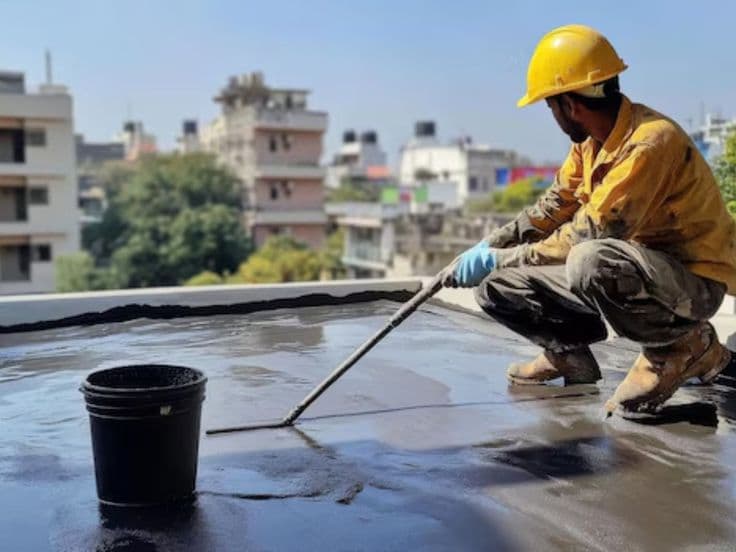 Worker applying PU injection to a ceiling crack to stop water seepage