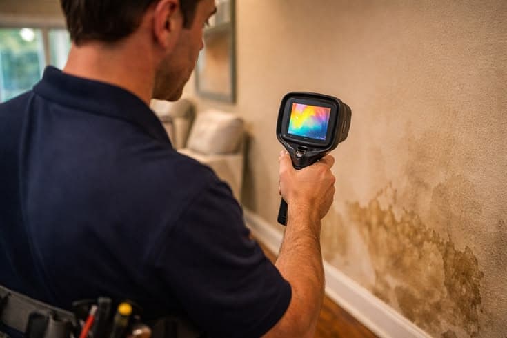 Inspector using a thermal camera to find a water leak inside a wall