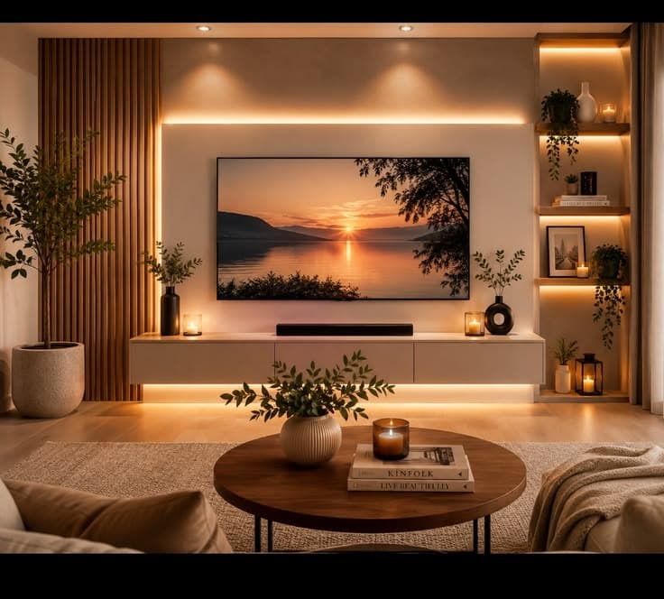 Custom wooden TV console with LED lighting