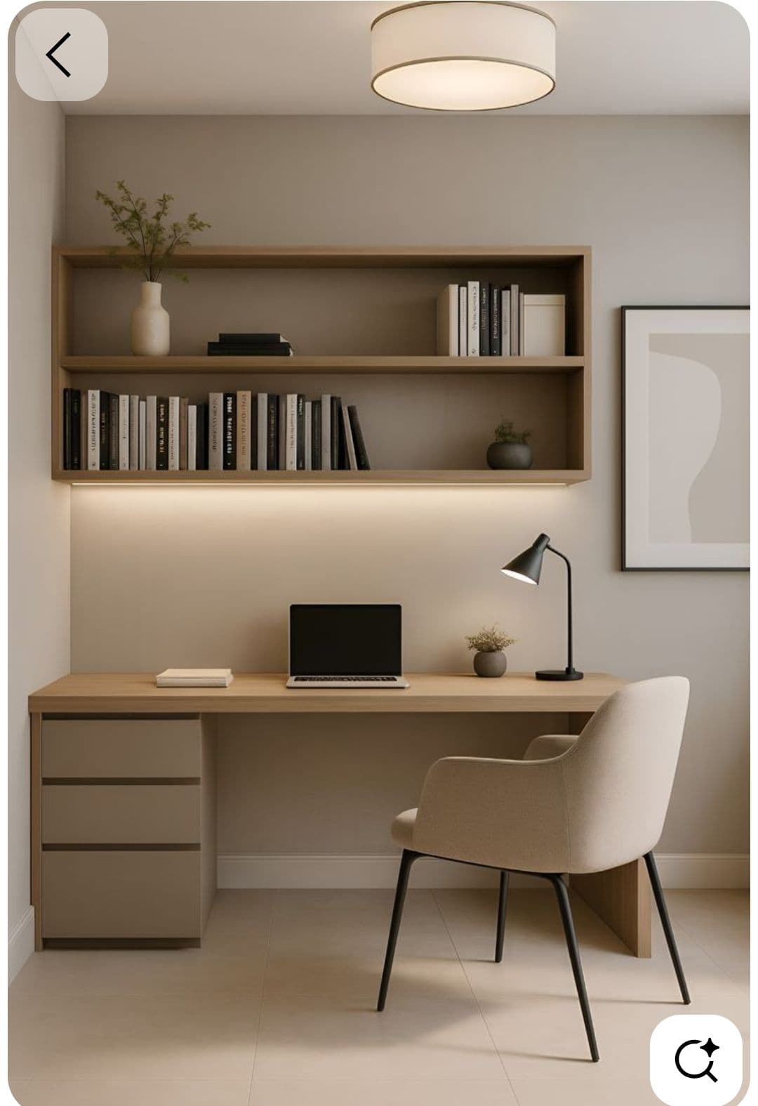 Custom wall-mounted open shelves and a built-in study desk