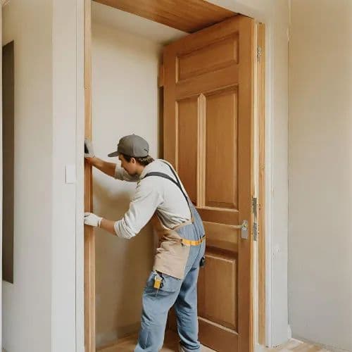 Technician adjusting a misaligned wooden door hinge
