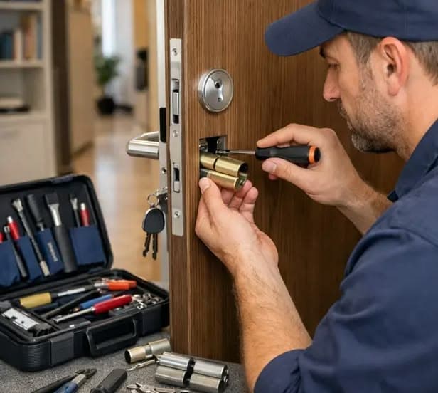 Locksmith replacing a mortise lock in a wooden door