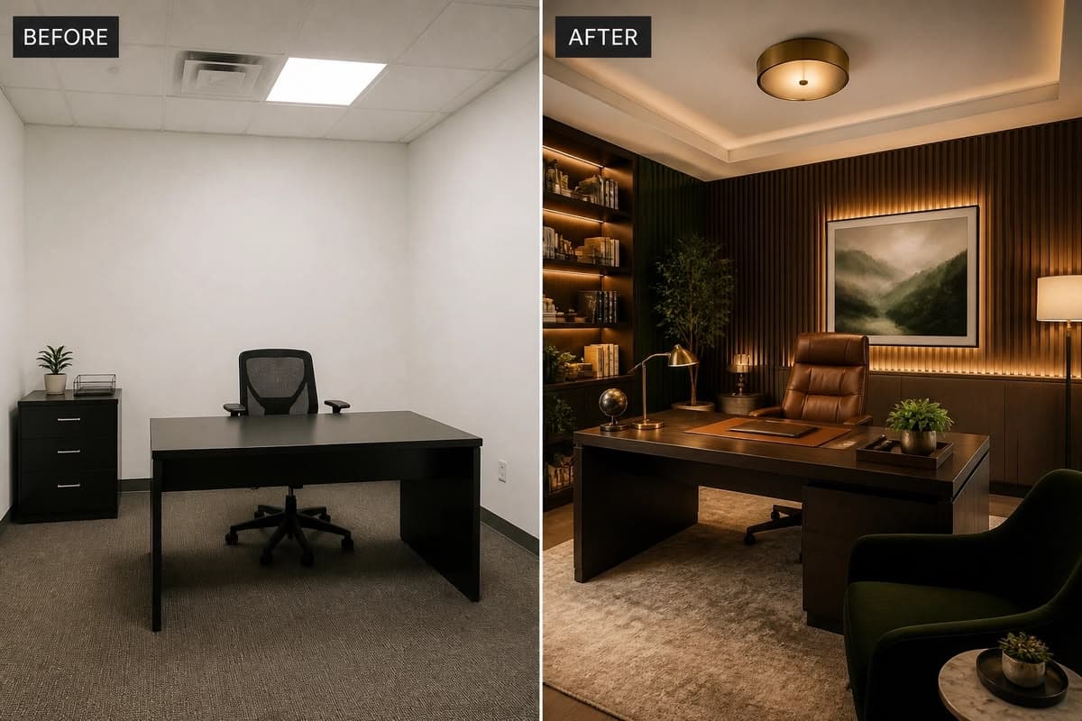 Before and after office reinstatement - space stripped back to original condition