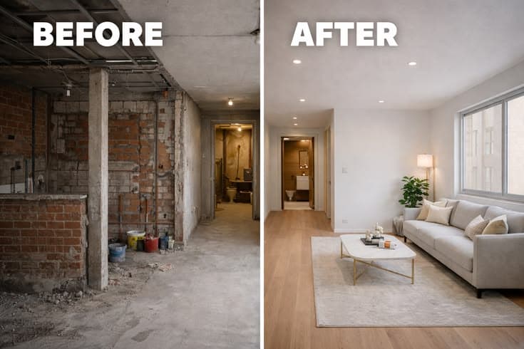 Complete home renovation in progress with new floor and walls