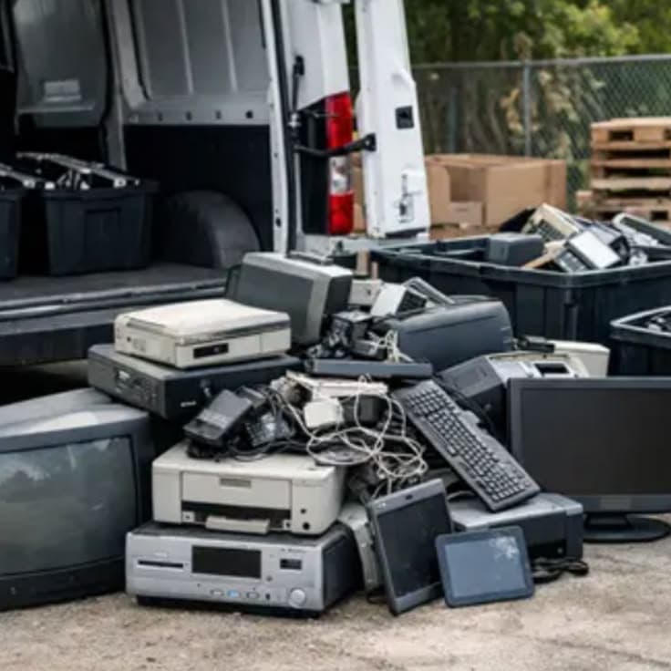 Collection of old computer monitors and CPUs for e‑waste recycling
