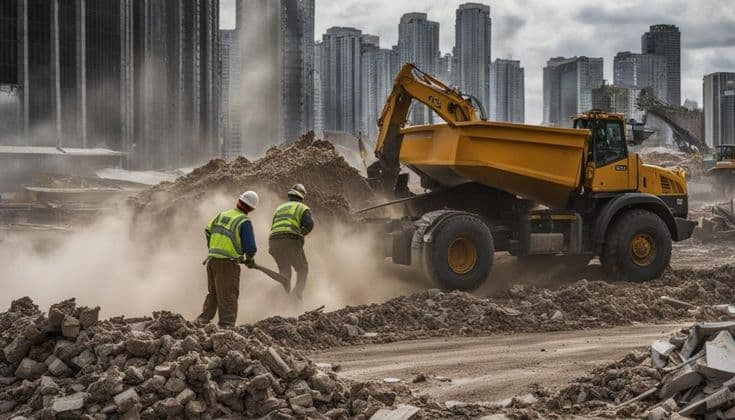 Waste truck being loaded with construction debris