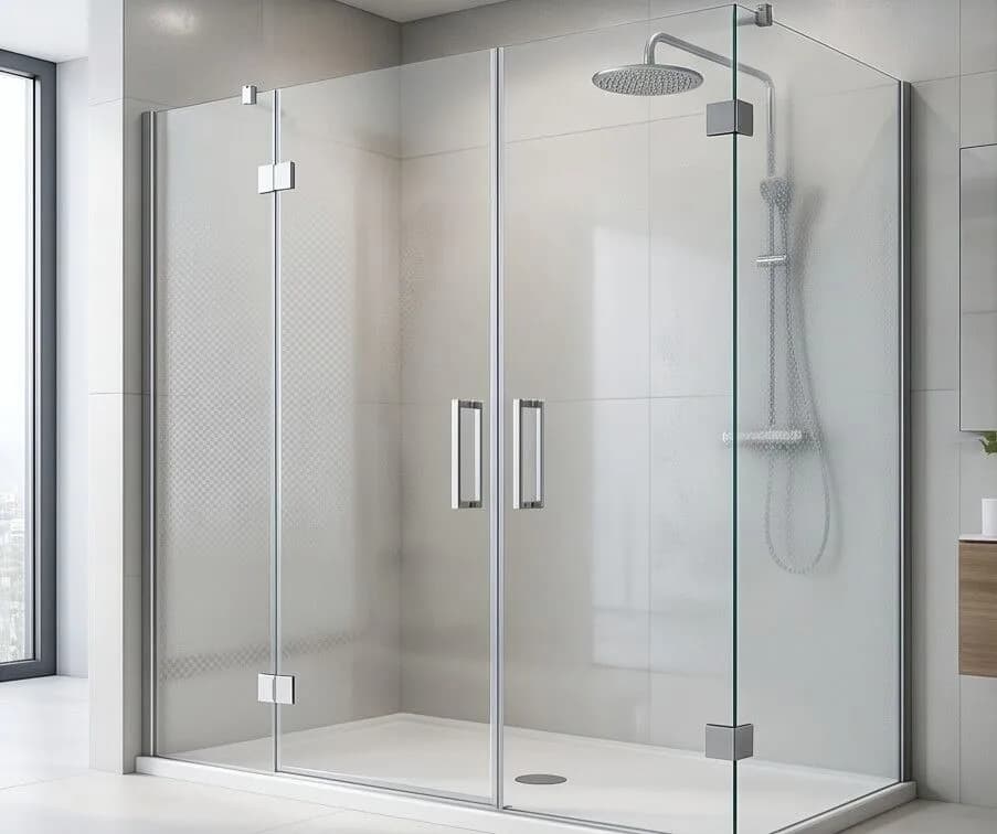 Custom L-shaped shower screen made for a corner bathroom