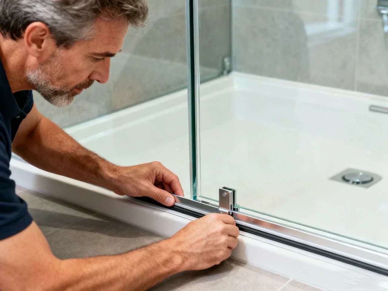 Applying fresh silicone along the edge of a shower screen
