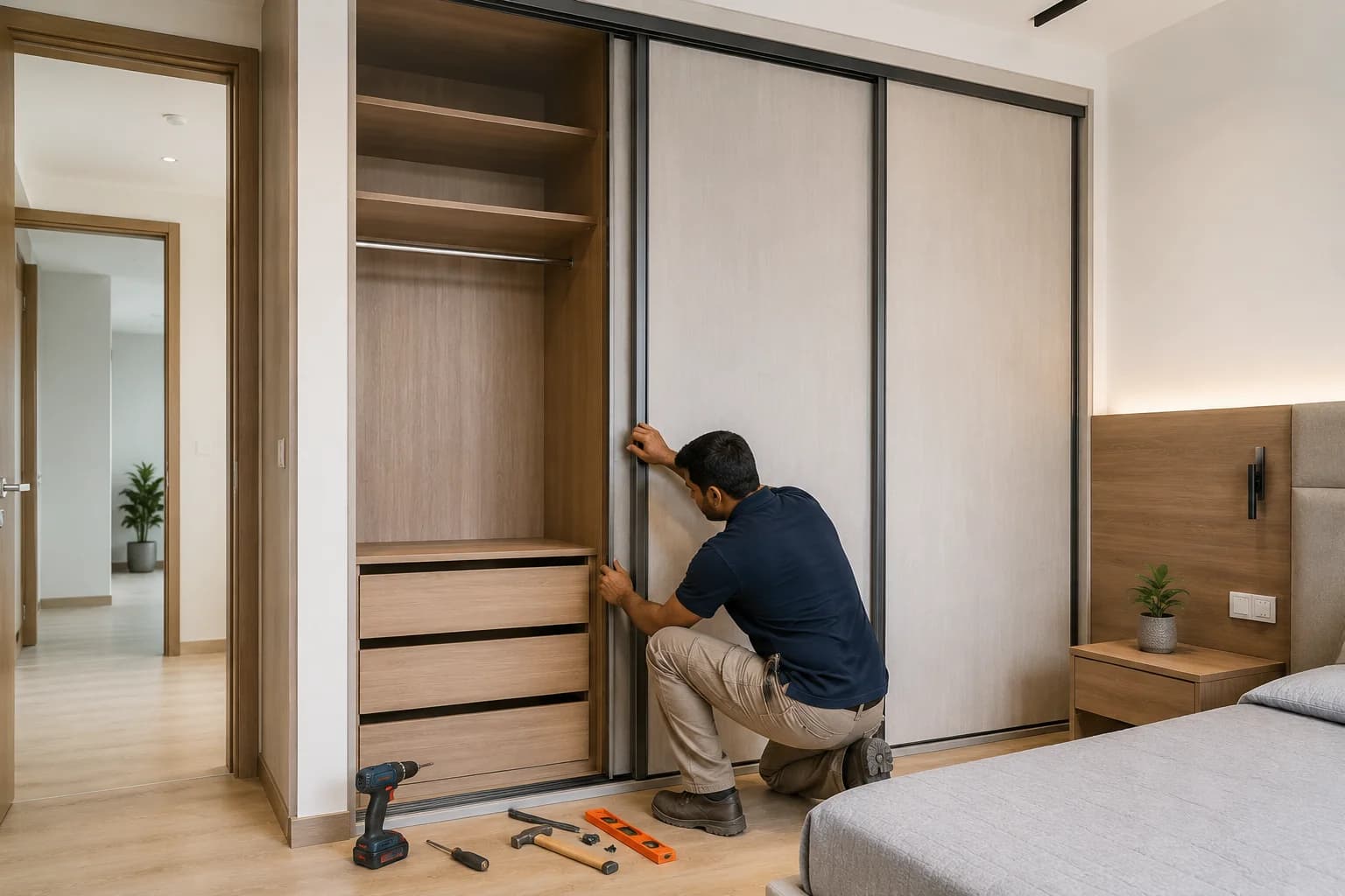 Carpenter installing a custom sliding wardrobe in a master bedroom