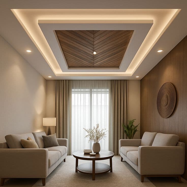 Completed false ceiling with cove lighting in a living room